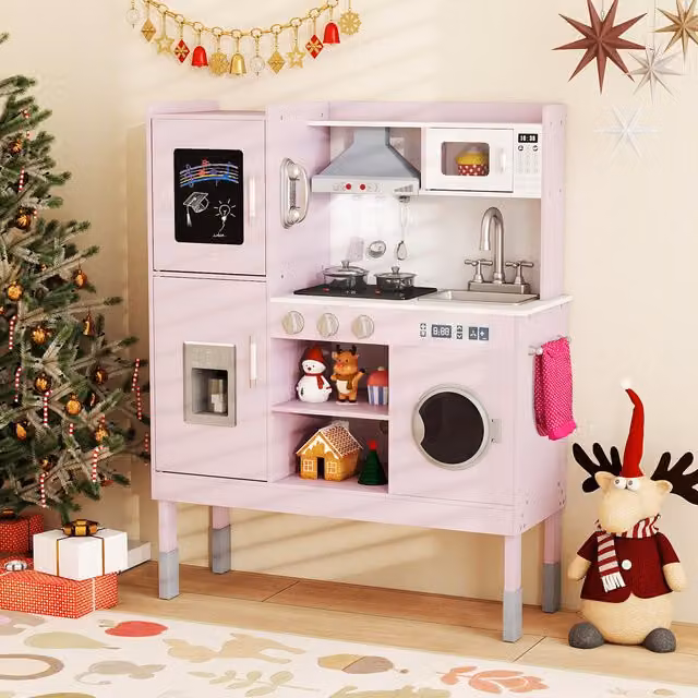 Costway Wooden Chef Kitchen Set in Pink