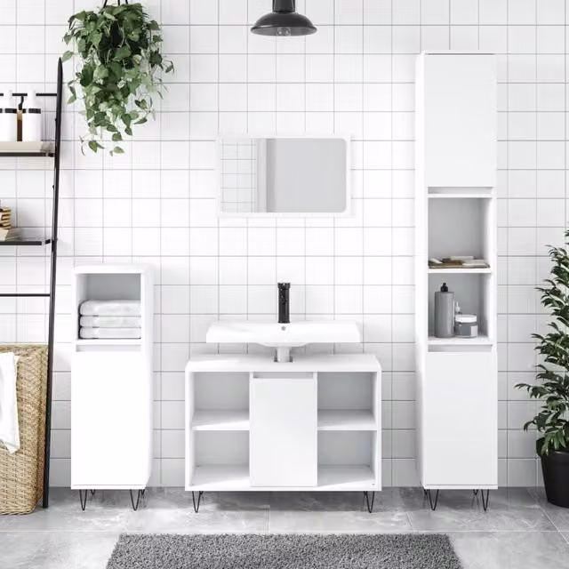Berkfield Home White Bathroom Cabinet with Hinged Doors and Open Shelf, W/D/H: 30 x 30 x 100 cm