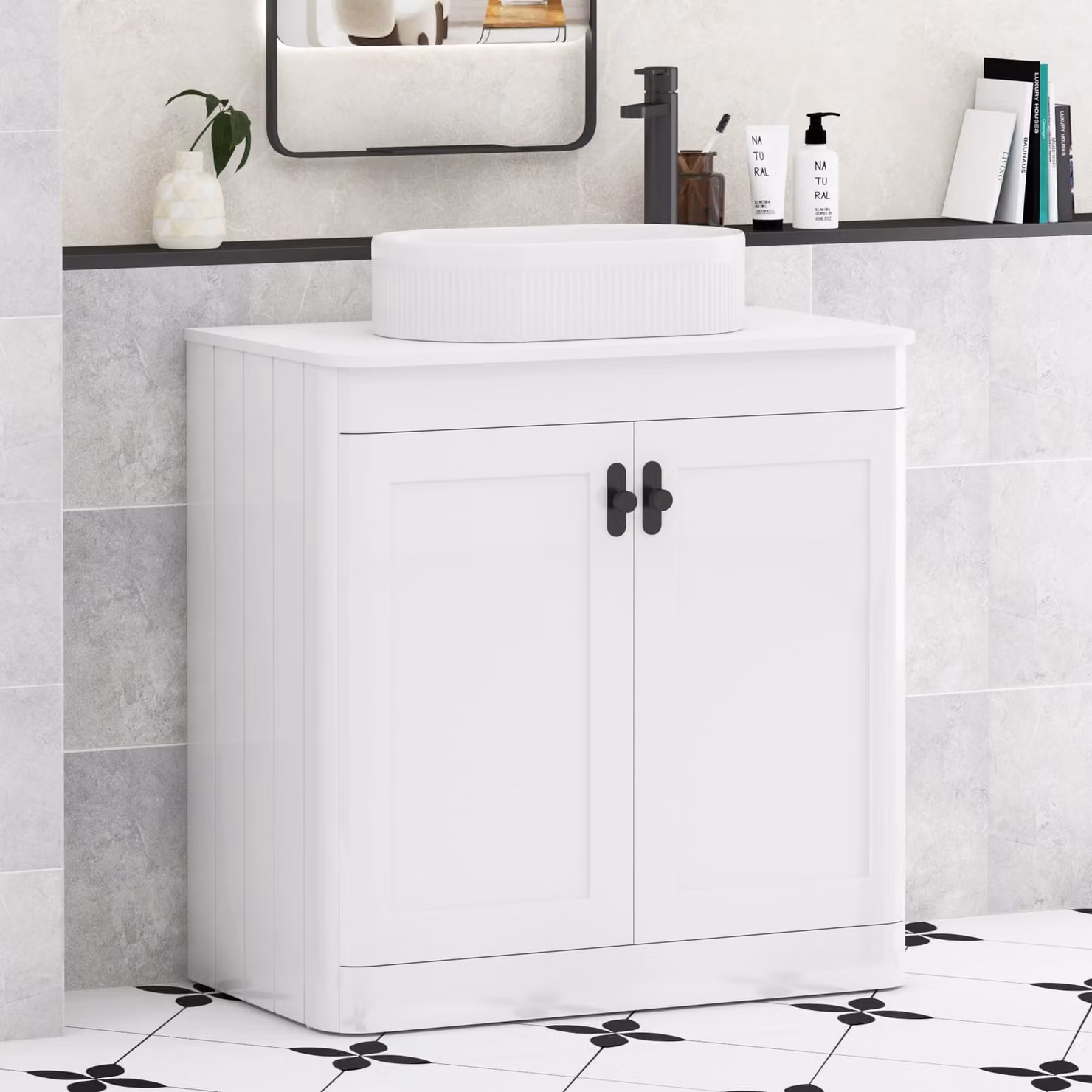 Royal Bathrooms Henley 800mm Gloss White Floor Standing 2 Door Vanity Unit with Lyon Basin and Matt Black Knob