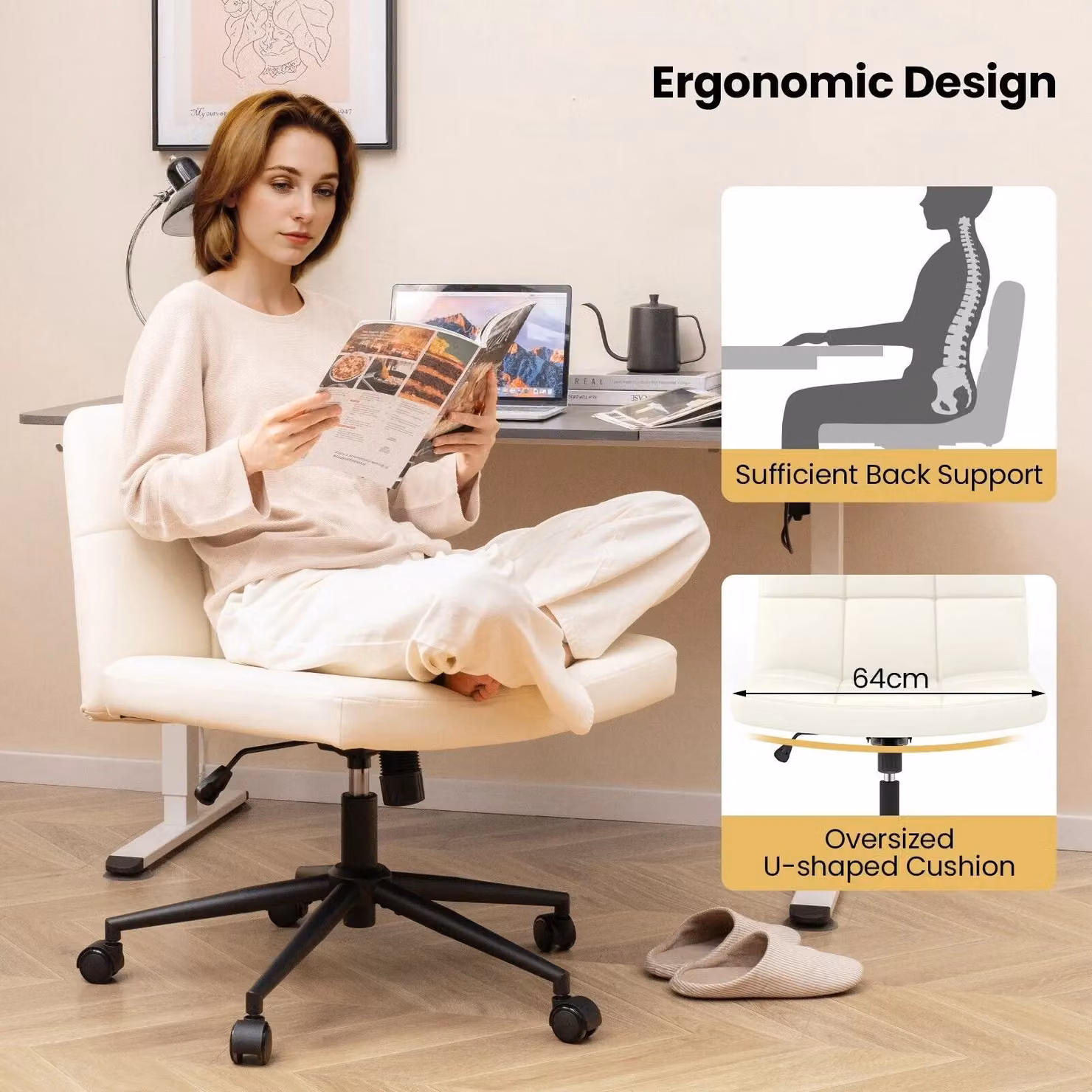 Costway Criss Cross Office Chair in Beige PU Leather with Swivel and Castors – 2