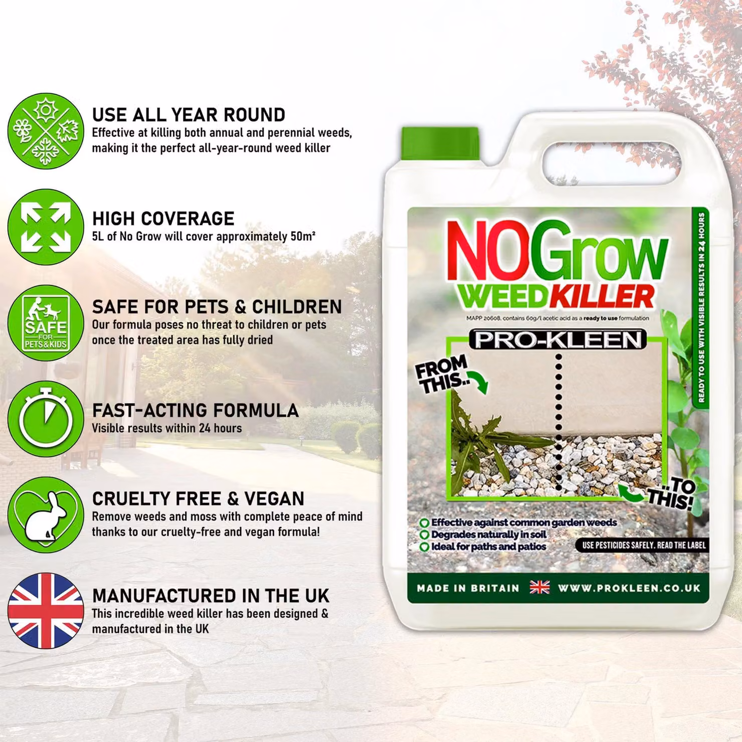 ProKleen Green Manual Pump Pressure Garden Sprayer 10L and NOGrow Weed and Moss Killer 5L – 2