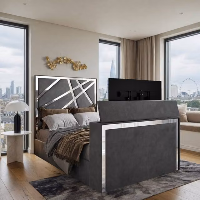 KDMD Ashton Double Upholstered Soft Velvet TV Bed Frame in Grey