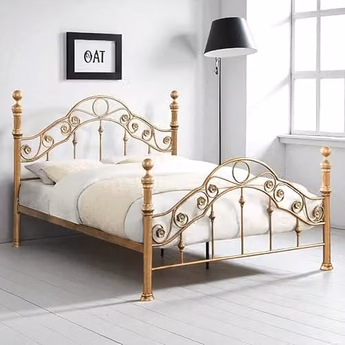 OAT Home Kensington Metal Bed Frame in Antique Brass Effect, Double Size, W/D/H: 140 x 200 x 152 cm