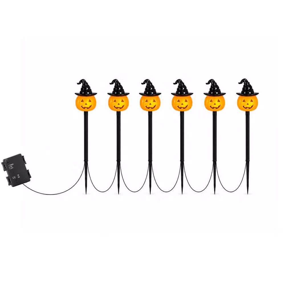 Marco Paul Set of 6 Battery Operated Orange and Black Halloween Pumpkin LED Garden Stake Lights – 2