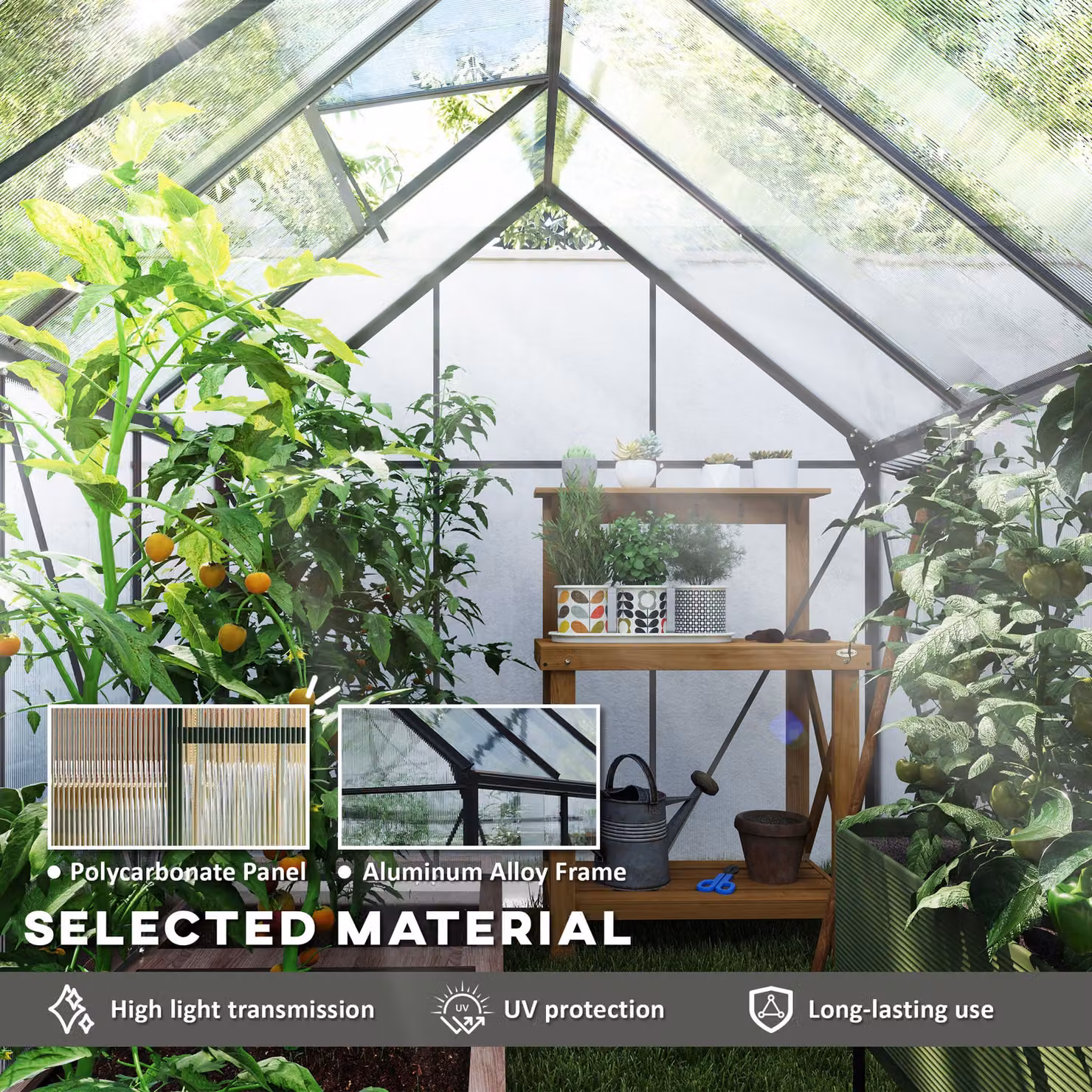 Outsunny Walk-In Polycarbonate Greenhouse with Sliding Window and Rain Gutter, Dark Grey, W: 190 cm, D: 253 cm, H: 199 cm – 3