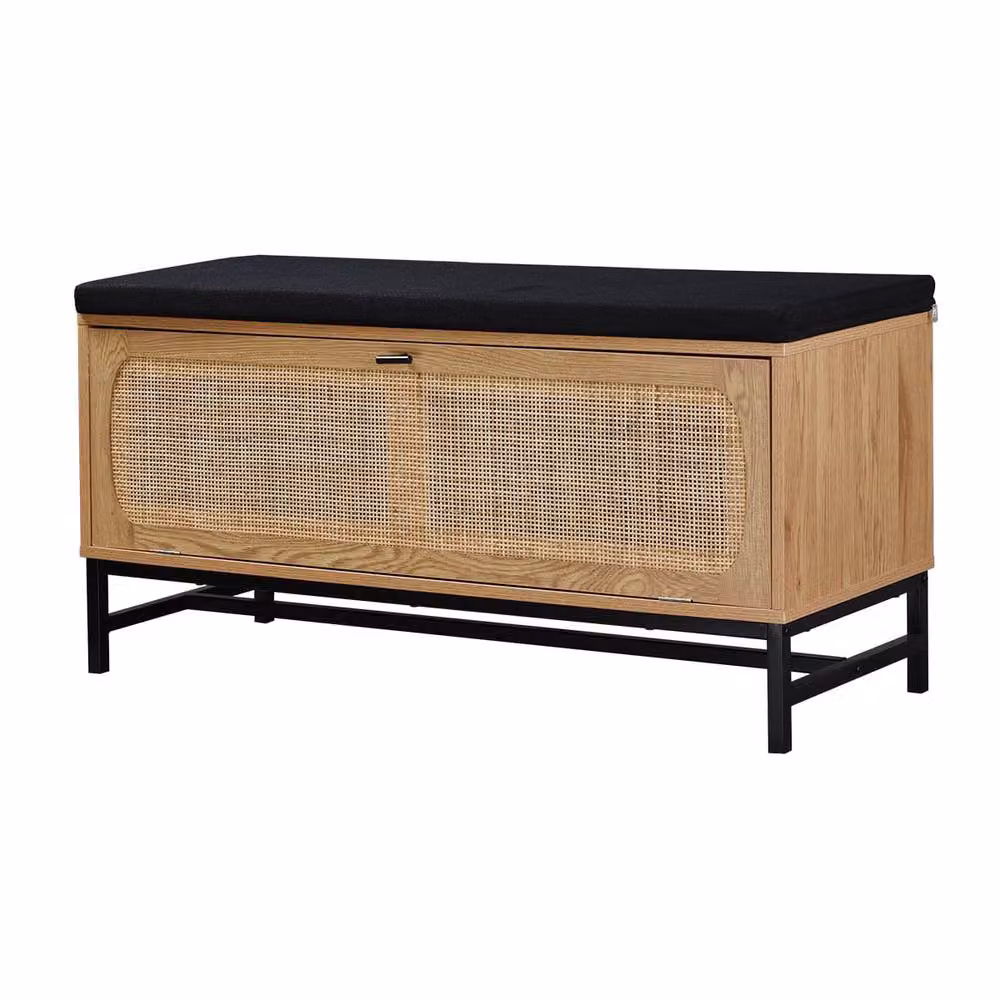 CALICOSY JAYA Entryway Bench with Rattan Storage and Shoe Rack, Light Brown, W/D/H: 100 x 38 x 47 cm – 3