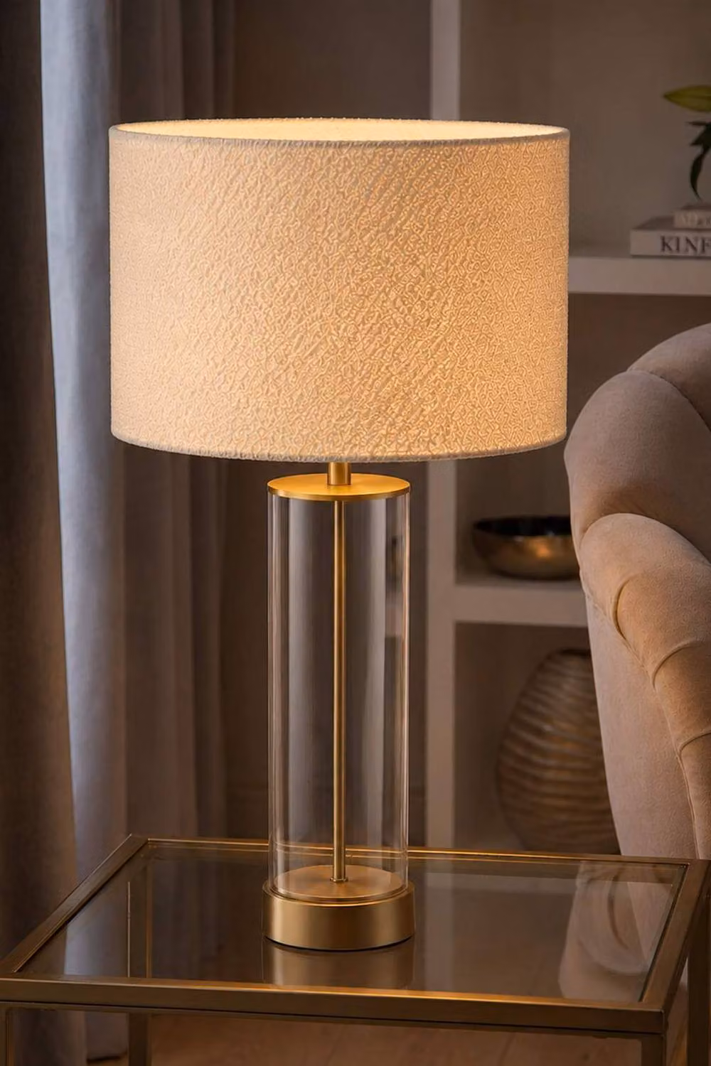 ValueLights Balan Cream Boucle Fabric Shade Table Lamp with Gold Trim and Bulb – 2