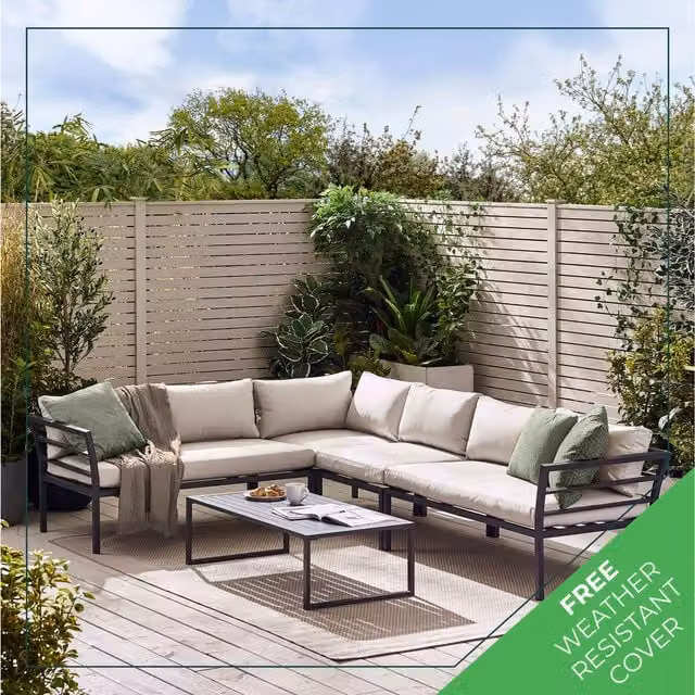 FurnitureboxUK Montenegro 6 Seat Outdoor Garden Sofa Set with White Metal Frame, Grey L-Shape Corner Sofa and Coffee Table with Taupe Cushions