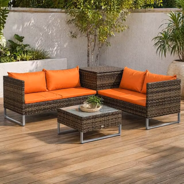 STILVORA 4-Seater Modern Orange Rattan Sofa with Storage – 1
