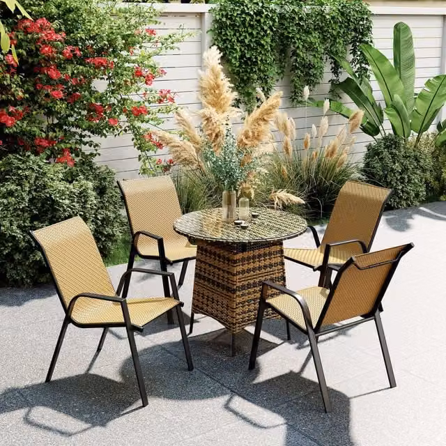 Outsunny Set of 4 Stackable Rattan Garden Armchairs with Metal Frame in Beige and Brown
