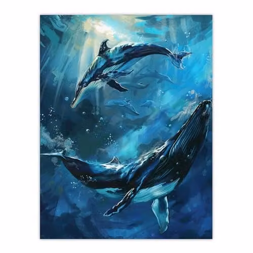 Artery8 Dolphin and Whale Underwater Sea Life Wall Art Poster Print, Blue, W/H: 46 x 61 cm – 1
