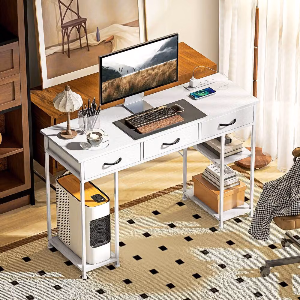 Rolipo Modern White Computer Desk with 3 Drawers and 4 Shelves, Width: 120 cm – 3