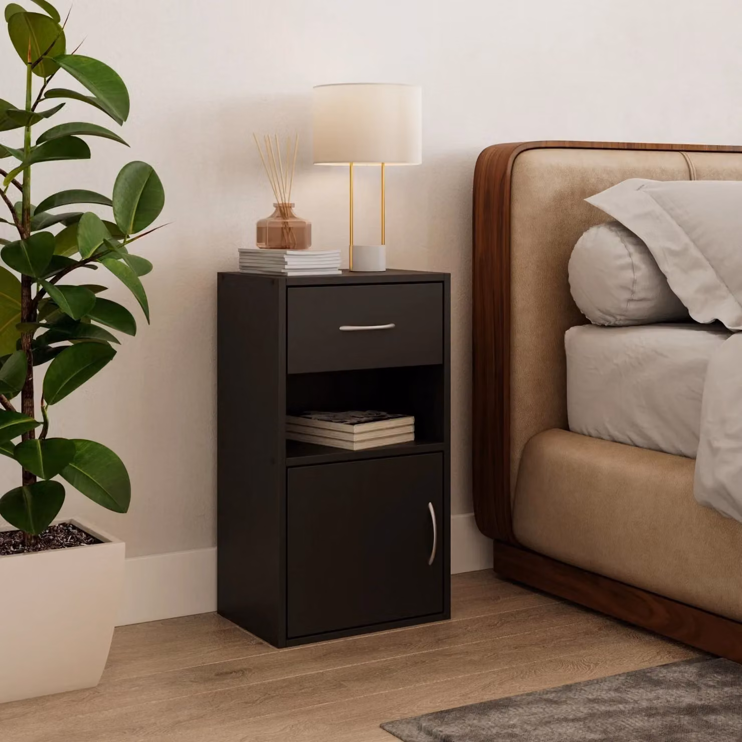 EONLION Black Wooden Bedside Cabinet with 1 Door and 1 Drawer – 2