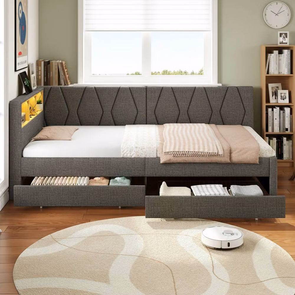 BTM Single Daybed with Storage Drawers, LED Lighting and USB Charging Station in Grey, W/D/H: 90 x 190 x 38.28 cm – 2