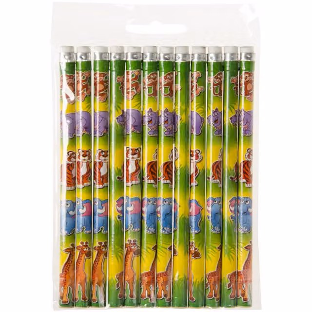LG-Imports Pack of 12 Multicolour Wild Animals Design Graphite Wood Pencils with Eraser and White Accents