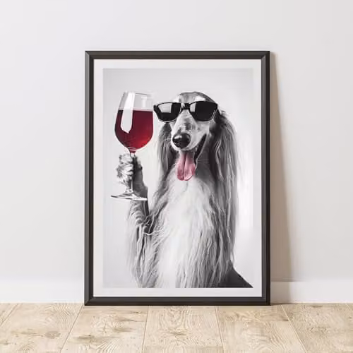 60 Second Makeover Funny Afghan Hound Drinking Wine Paper Poster, Black and White, A3