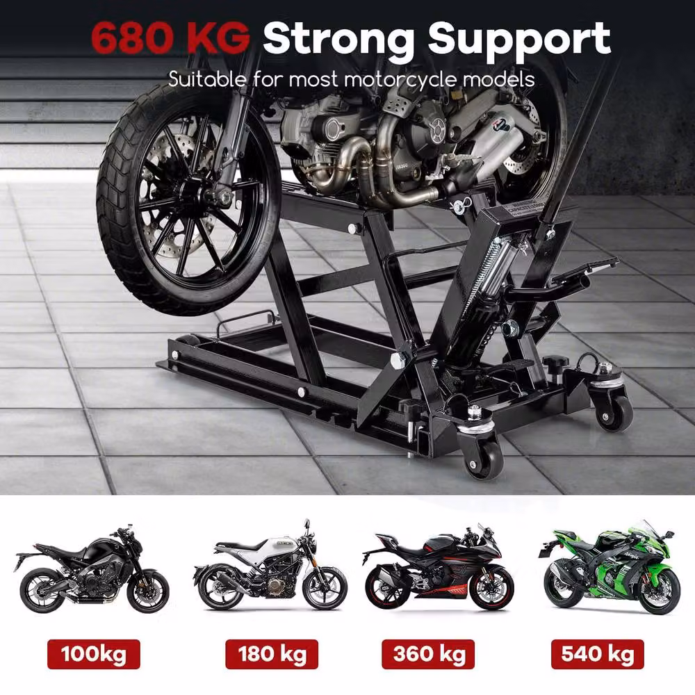 Gymax Hydraulic Motorcycle Lift Jack with 4 Wheels, Black, 680kg Capacity – 3