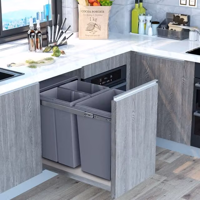 HOMCOM 40L Grey Plastic Kitchen Recycle Waste Bin with Flip Lid, Soft Close and Removable Inner Bucket