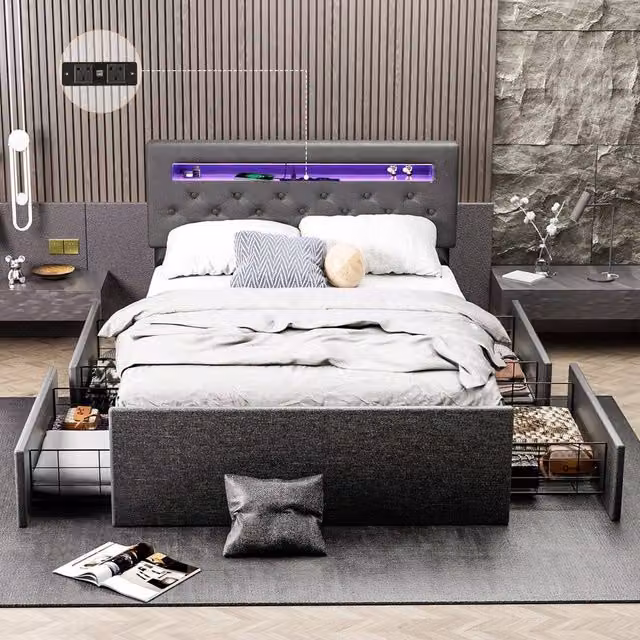 PAWNORA Double Bed Frame with LED Under-Bed Lighting in Dark Grey Fabric – 1