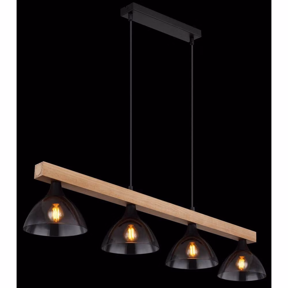 Globo Lighting Netlighting Industrial Bar Pendant Light in Black and Wood with Grey Glass Shades, 4x E14 Sockets, L 96 cm x W 17 cm x H 150 cm – 4