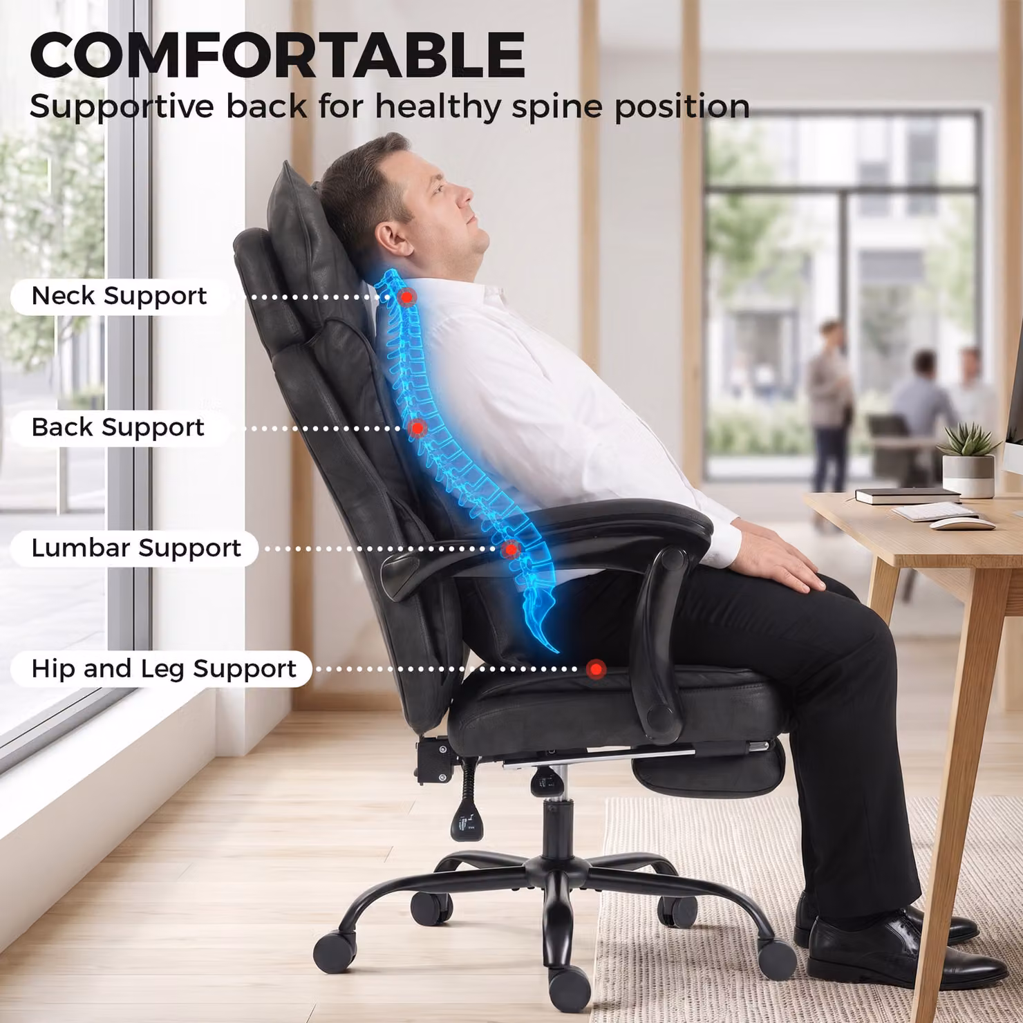 HOMCOM Executive Big and Tall Office Chair in Black Synthetic Leather with Headrest and Lumbar Support – 8