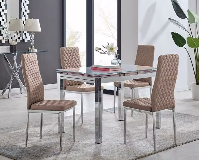 FurnitureboxUK Enna White Glossy Glass Extending Dining Table and 4 Milan Beige Faux Leather Chairs Set – 1