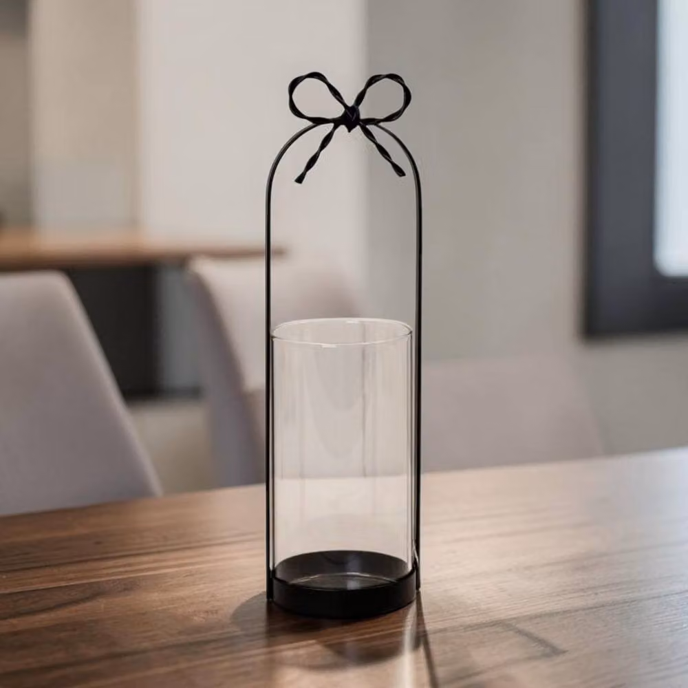 Four Candle Small Black Metal Candle Holder with Bow Glass Insert Lantern, Height: 30 cm – 2