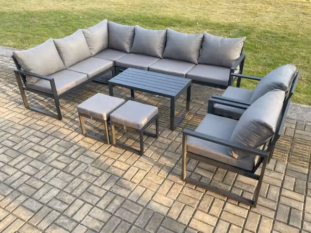 Fimous Aluminium Garden Furniture Set in Dark Grey with L-Shape Corner Sofa, 2 Chairs, Oblong Coffee Table and 2 Footstools