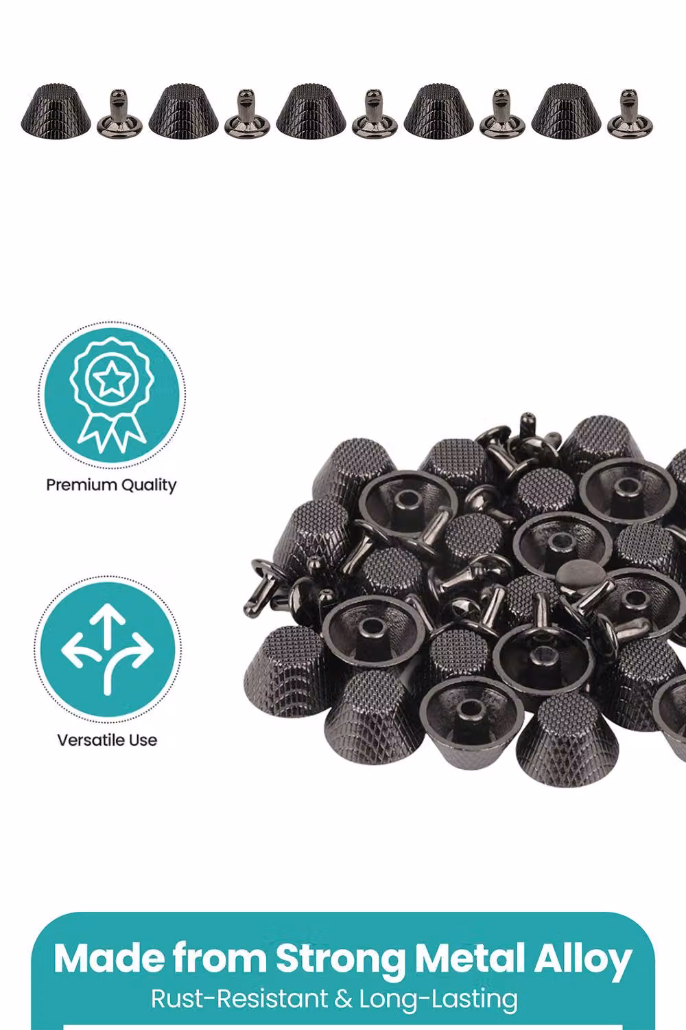 Neel Blue Etched Mushroom Bag Feet Rivets with 9mm Tubular Studs, Black, 25 Pieces – 4
