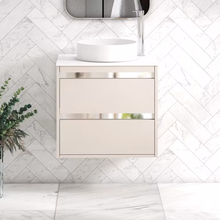 Royal Bathrooms Orion 600mm Warm Taupe Wall Hung Vanity Unit with 2 Drawers, Plain White Undrilled Worktop and Chrome Accent Trim