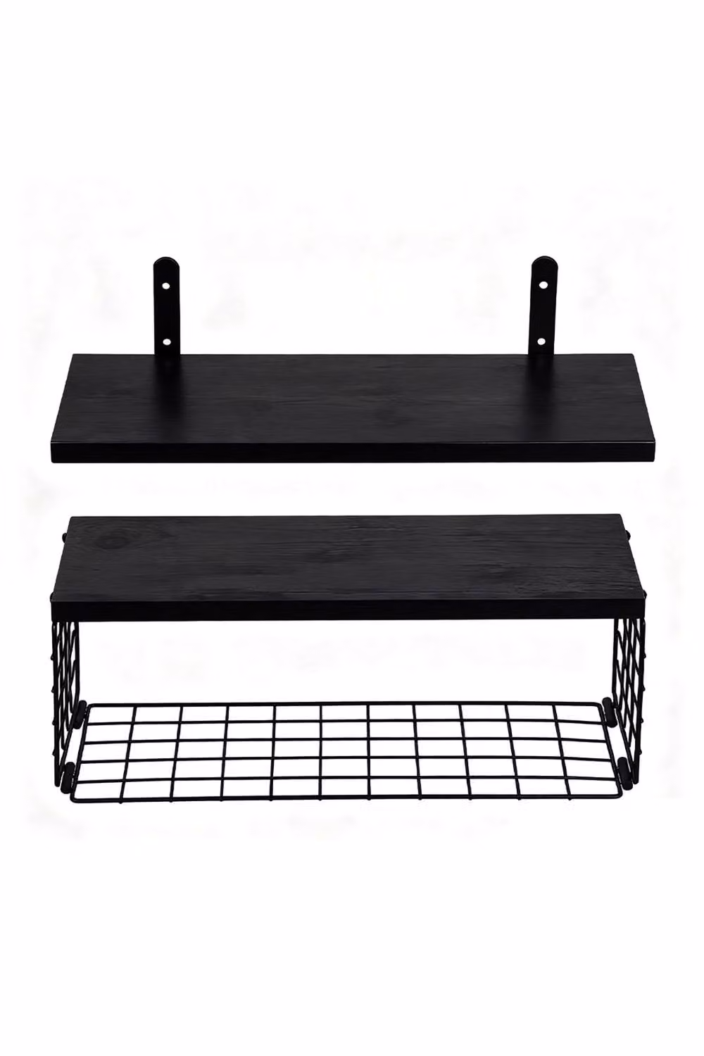 Living and Home 3-Tier Wall-Mounted Floating Shelves with Wire Storage Basket in Matt Black – 2