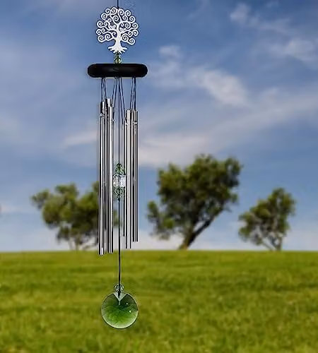 Woodstock Chimes Tree of Life Wind Chime in Silver and Black with Bird and Leaf Details – 5