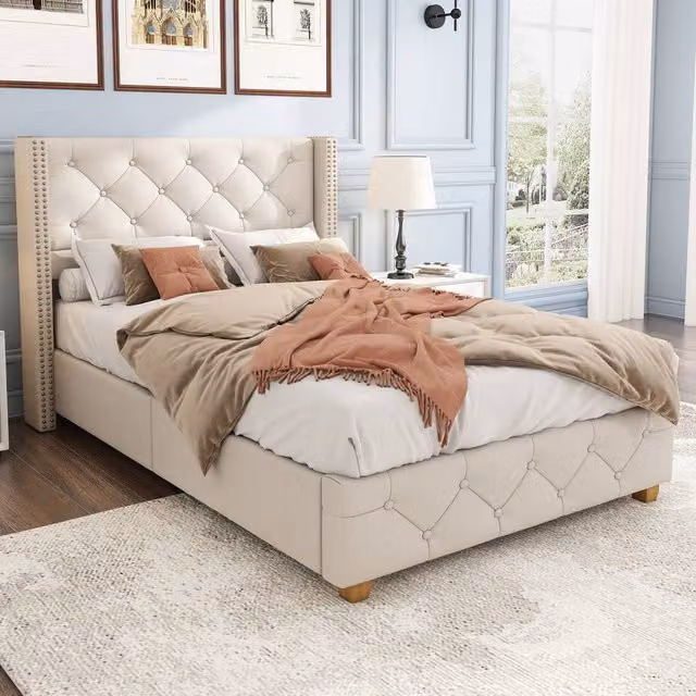 ModernLuxe Beige Velvet Upholstered Single Bed with Headboard and Wooden Legs W/D/H: 90 x 190 x 108 cm