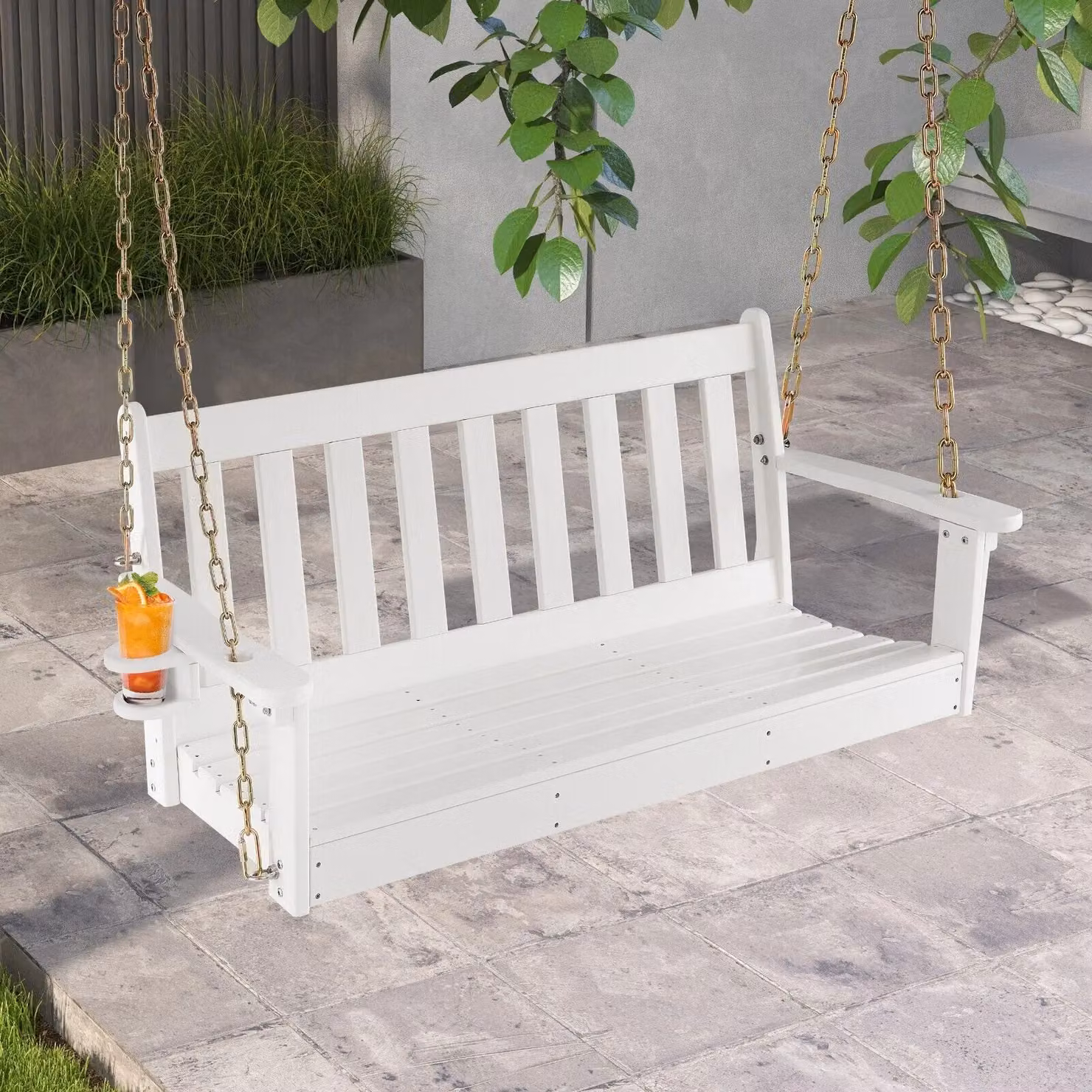 Costway 2 Person White HDPE Outdoor Porch Swing Hanging Chair with Adjustable Chains and Cup Holders – 3