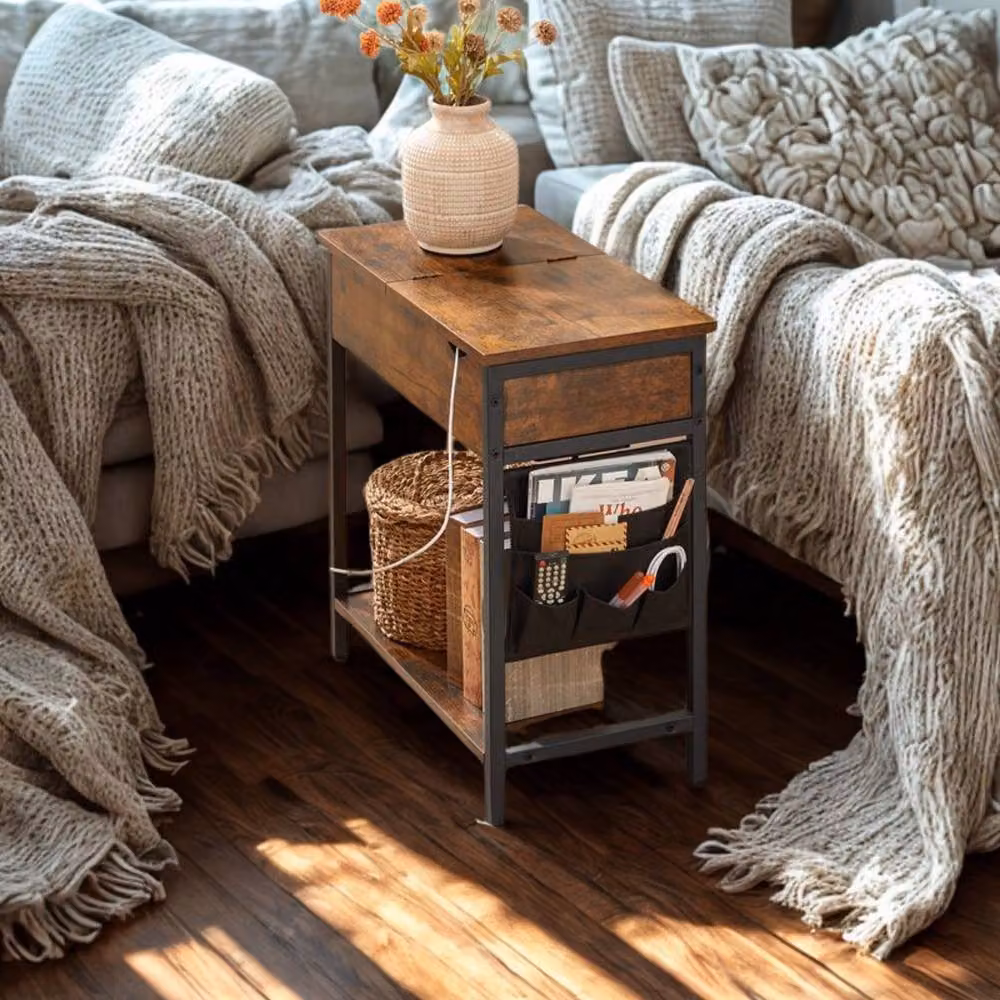 Pirlo Plush Slim Smart Bedside End Table with Power and USB Outlets, Rustic Brown, W/D/H: 31.5 x 60 x 60 cm – 3
