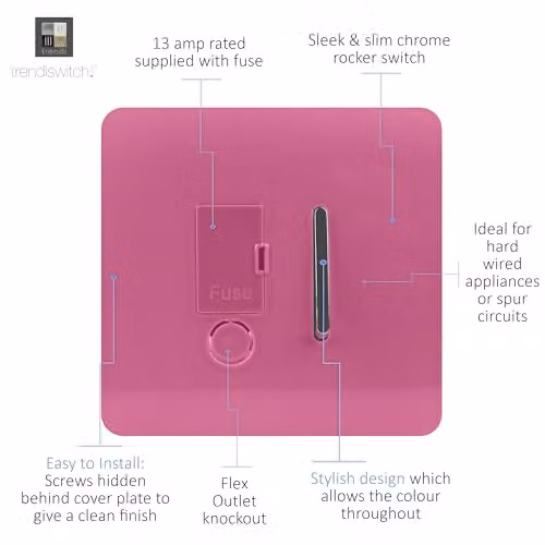 Trendi Switch Modern Glossy Single 13 A Fused Spur Connection Unit with Flex Outlet in Candy Pink and Chrome – 2