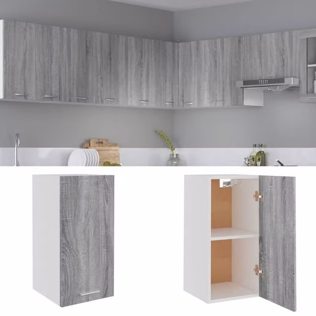 Berkfield Home Grey Sonoma Wall Mounted Hanging Kitchen Cabinet with Internal Shelves and Hinged Doors W/D/H: 29.5 x 31 x 60 cm