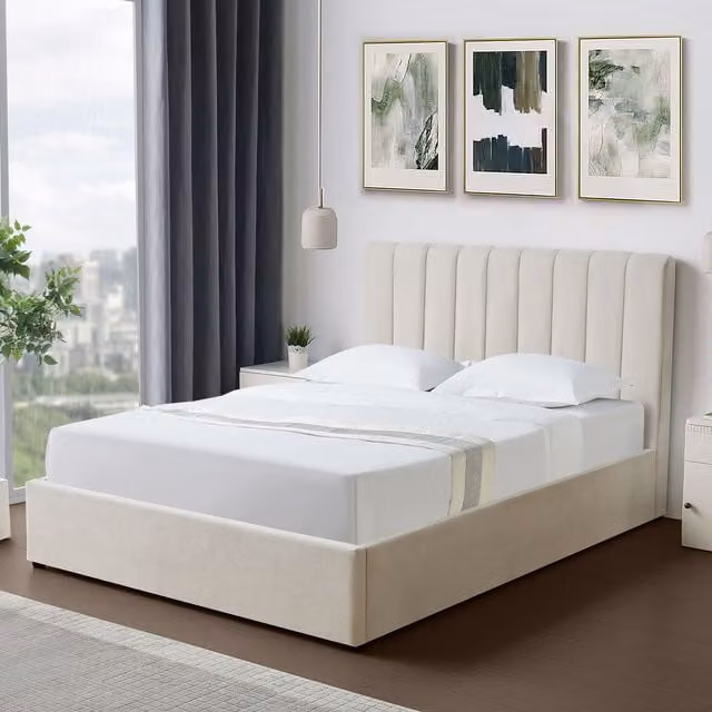 Artemis Home Evelynne Upholstered Double Ottoman Bed Frame with Storage in Beige