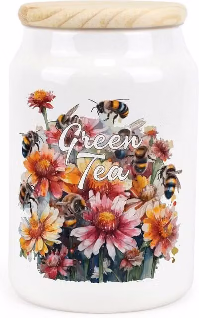 Purely Home Floral Ceramic Green Tea Storage Canister in Yellow and White