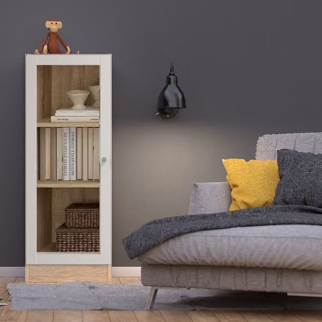 Furniture To Go Basic Low Narrow Display Cabinet with 2 Shelves and Glass Door in Oak and White