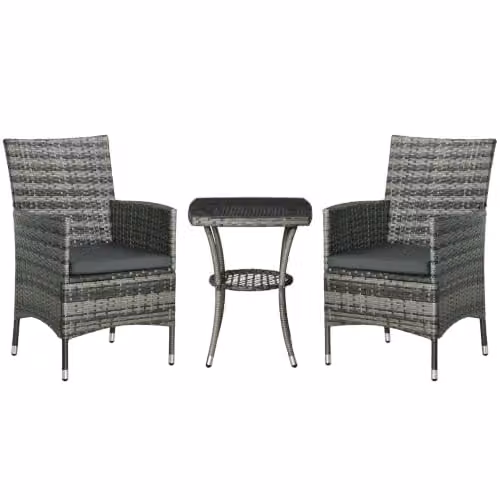 Outsunny 3 Piece Rattan Bistro Set with Glass Top Table and Chairs in Anthracite Grey