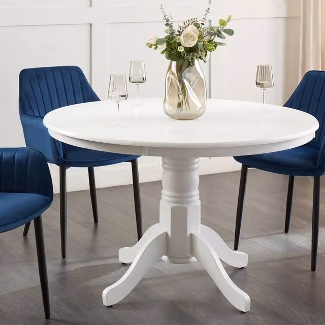 Wyld and Coco White Rubberwood Round Dining Table with Pedestal Base, Diameter: 120 cm, Height: 75 cm