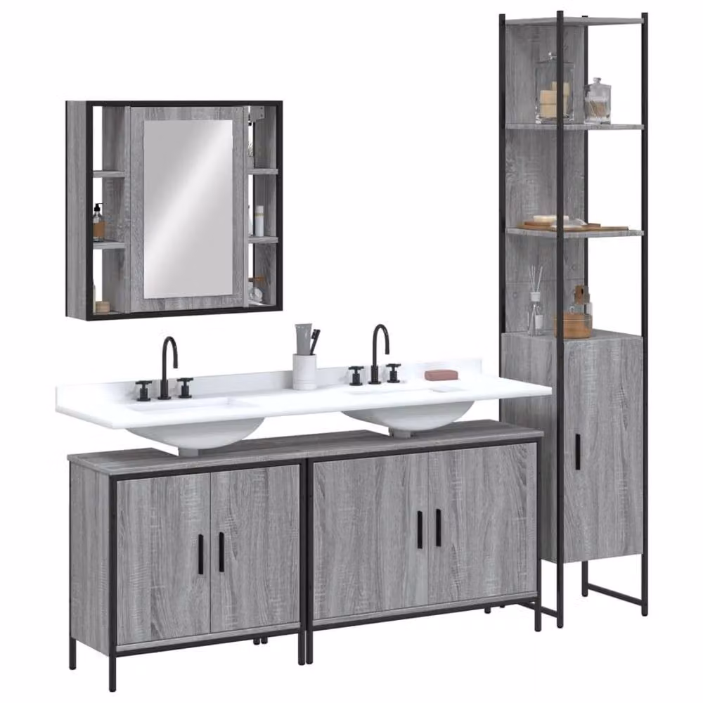 Berkfield Home Modern 4 Piece Grey Bathroom Cabinet Set with Mirror Cabinet, Vanity Unit and Tall Cabinet – 2