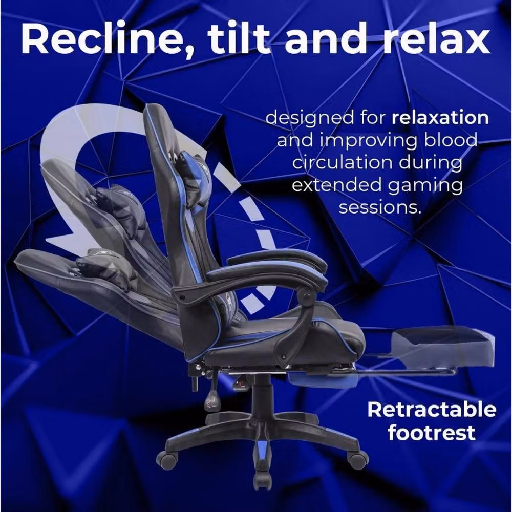 FLAVORA Black and Blue Ergonomic Gaming Chair with Footrest, Headrest and Armrests – 2