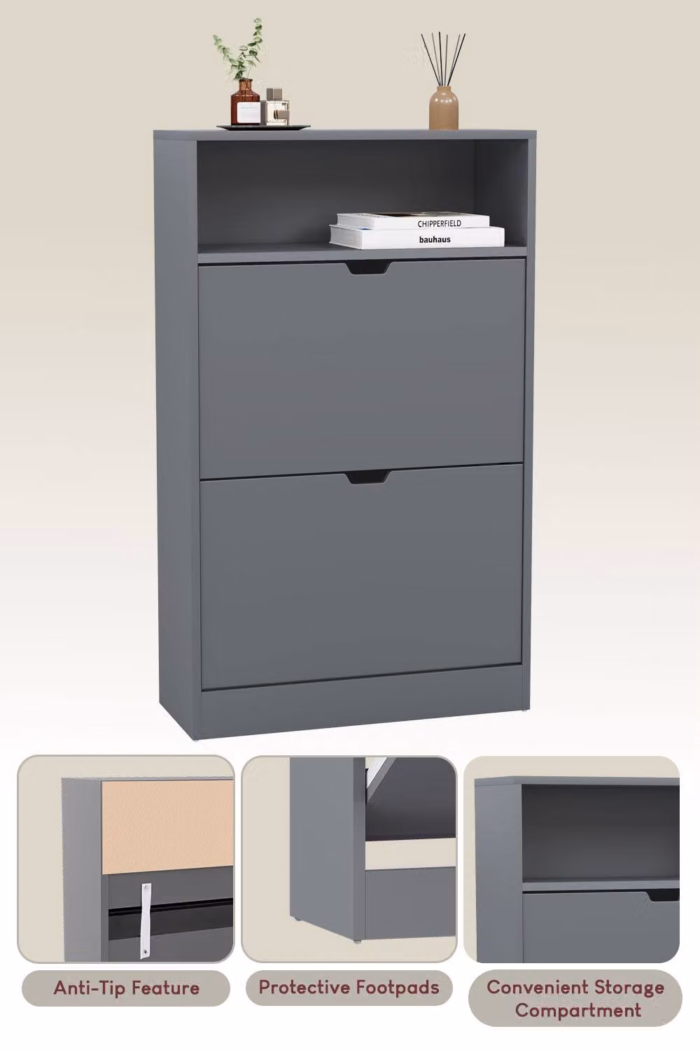 HD Designs Modern Grey 2 Drawer Shoe Cabinet with Tilting Compartments and LED Lighting – 5
