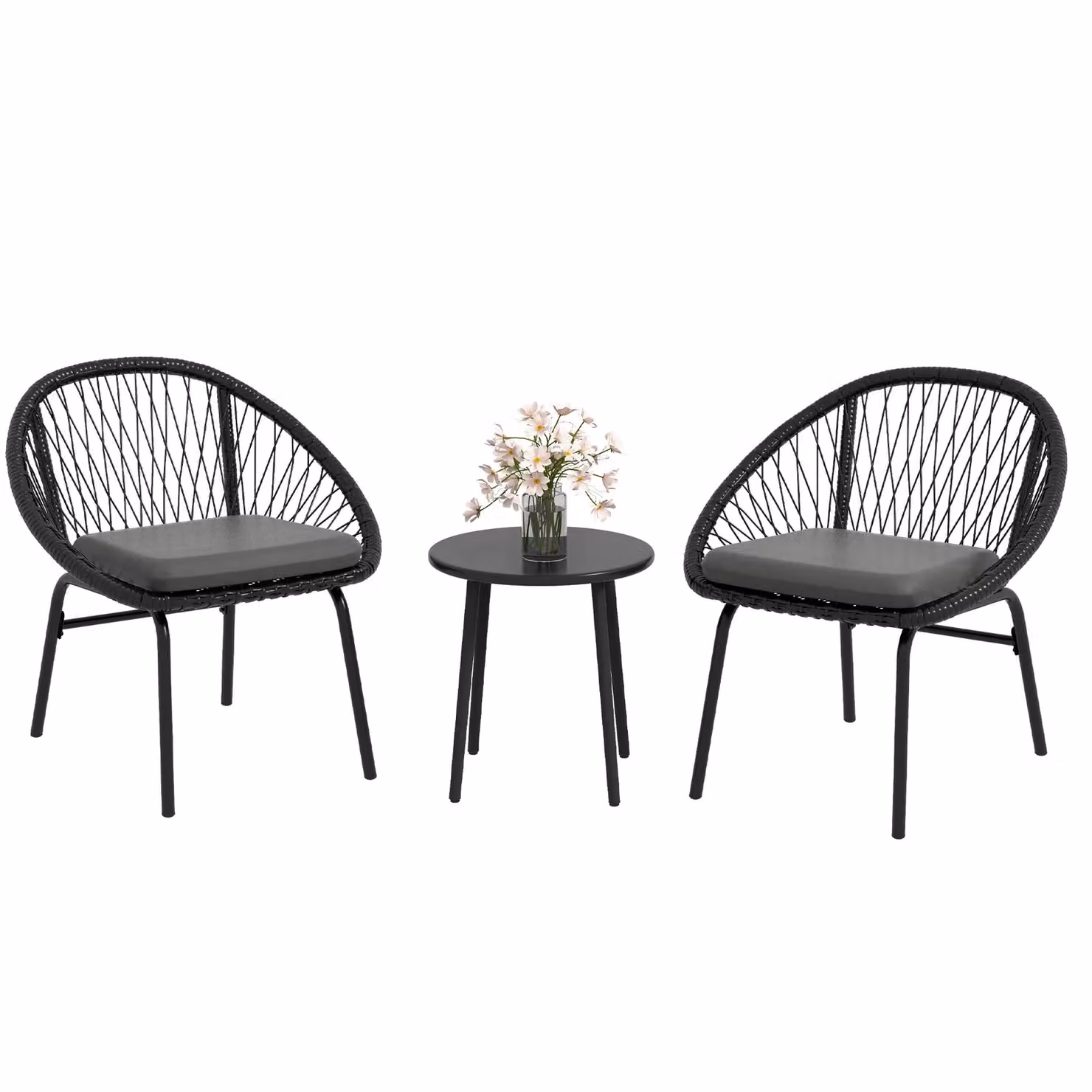 OUTSUNNY 3 Piece Black Polyrattan Garden Furniture Set with 2 Upholstered Armchairs and 1 Coffee Table – 2