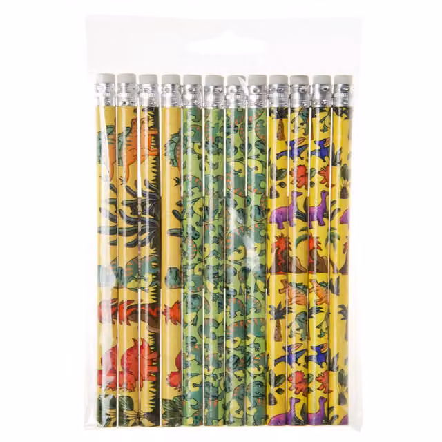 LG-Imports Pack of 12 Multicolour Dinosaur Design Graphite Wood Pencils with Eraser and White Accents
