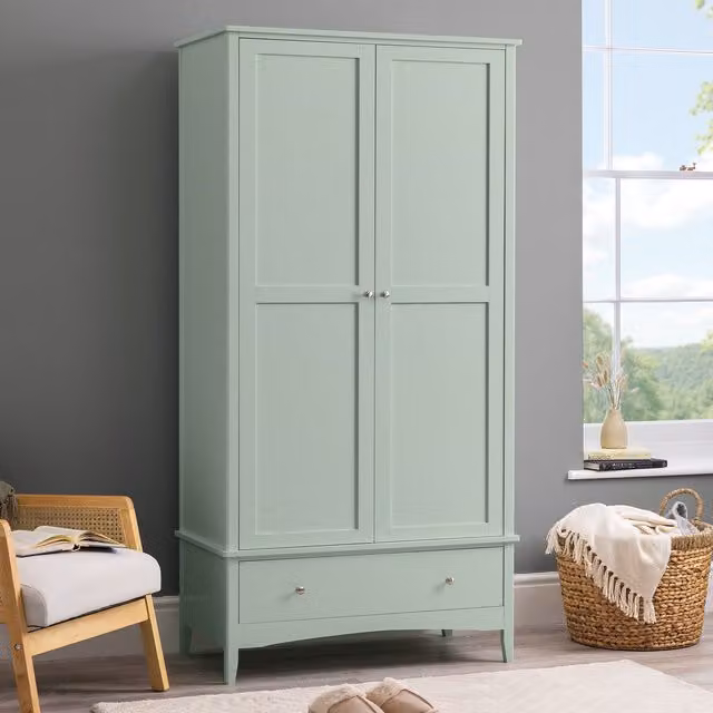 Christow Double Wardrobe with Drawer, 2-Door Green Bedroom Storage Cupboard, H 185 x W 94.5 x D 50 cm