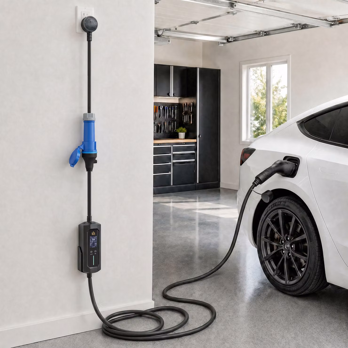 HOMCOM 7kW Type 2 Electric Car Charger with CEE 32A Plug, UK Adapter and 10 m Cable, Black – 9