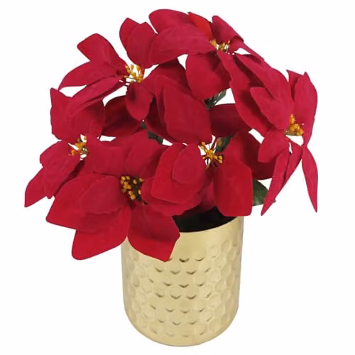 Leaf Artificial Red Poinsettia Christmas Potted Houseplant in Red, Green and Gold, Height: 40 cm